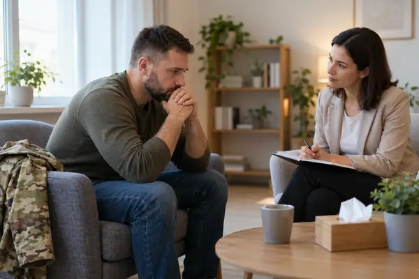 Мужчина в военной форме с ПТСР на приеме у врача